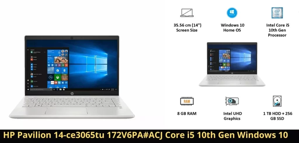 HP Pavilion 14-ce3065tu 172V6PA#ACJ Core i5 10th Gen Windows 10 Home Laptop (8 GB RAM, 1 TB HDD + 256 GB SSD, Integrated Intel UHD graphics, MS Office, 35.56cm, Mineral Silver)